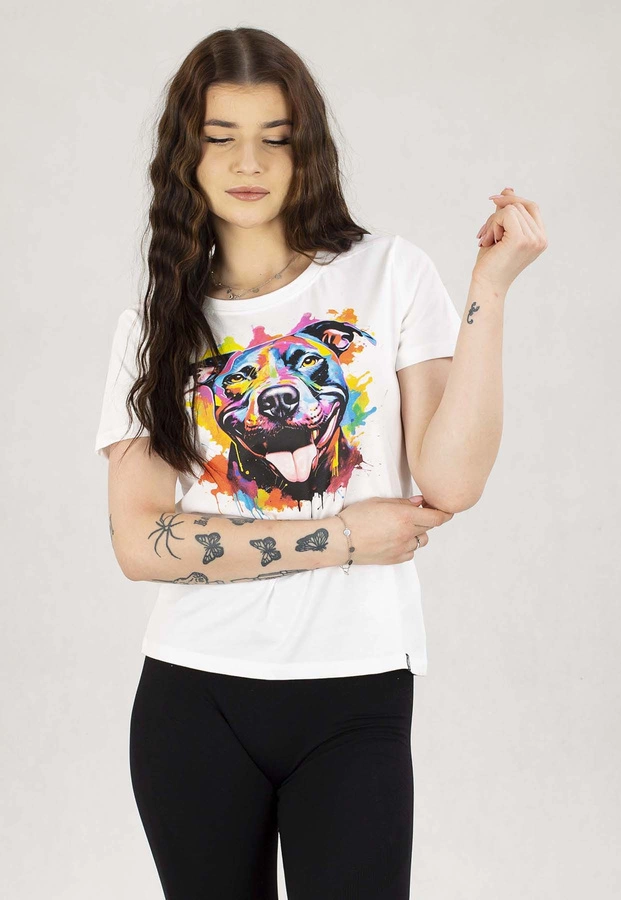 T-Shirt Pit Bull Slim Fit Watercolor biały