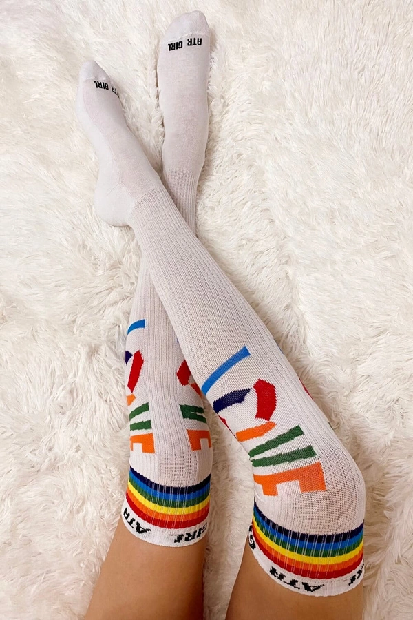 Zakolanówki ATR Wear LOVE Rainbow białe