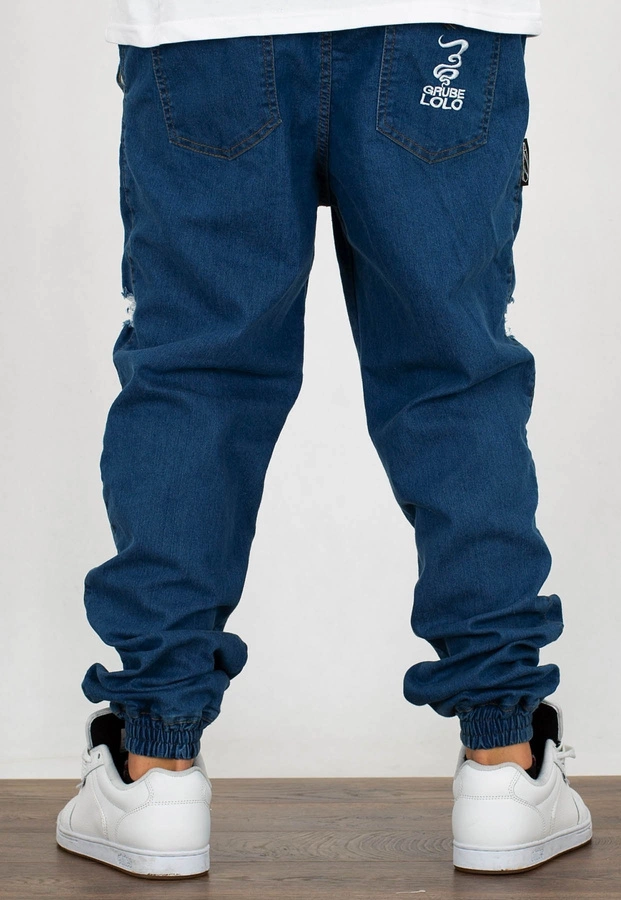 Spodnie Grube Lolo Dymek Haft Jeans Ripped Blue 04 + Pakiet Wlep Gratis!