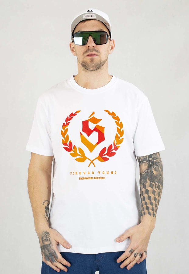 T-shirt Środowisko Miejskie Forever Young biało pomarańczowy