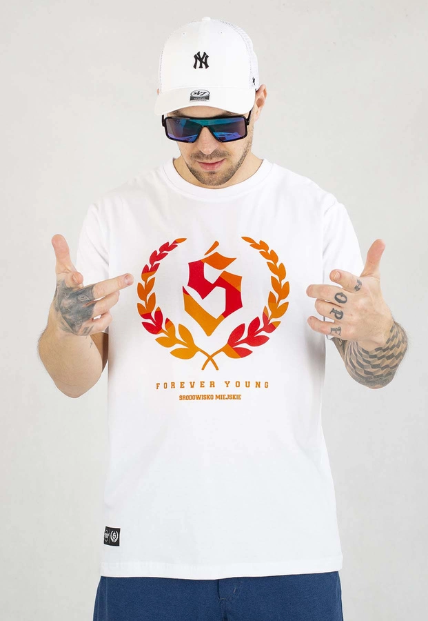 T-shirt Środowisko Miejskie Forever Young biało pomarańczowy