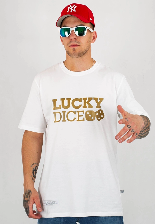 T-shirt Lucky Dice Logo biało złoty