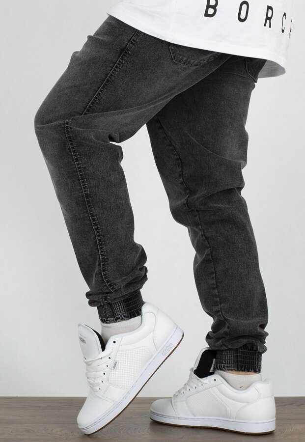 Spodnie B.O.R. Biuro Ochrony Rapu Jogger Fit Gyma Strecz BOR New Outline szary jeans