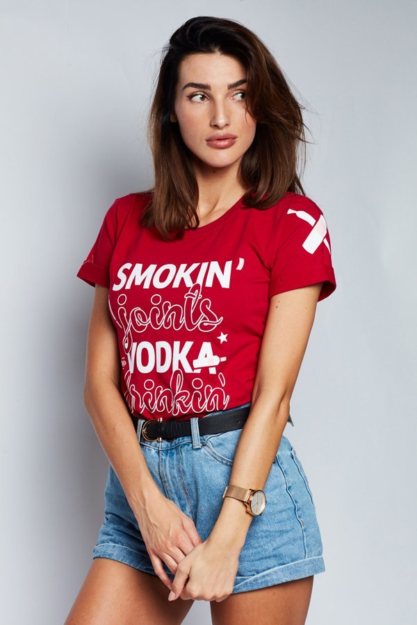 T-shirt Diamante Wear Smokin' Joints & Vodka Drinkin ciemno czerwony