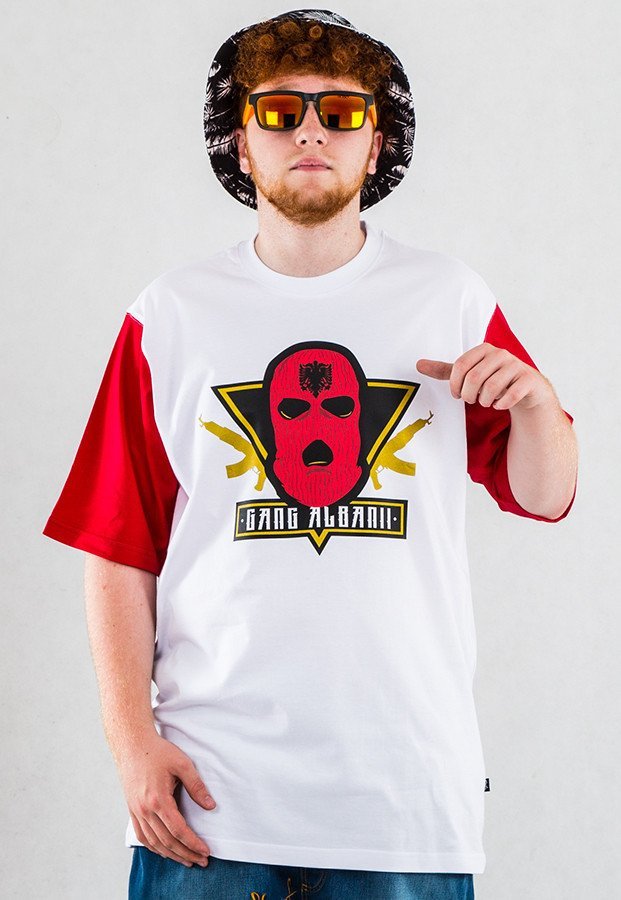 T-shirt Gang Albanii Logo Reglan biało czerwony