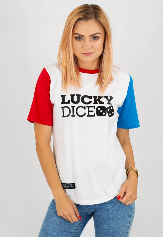 T-shirt Lucky Dice LD biało czerwono niebieski