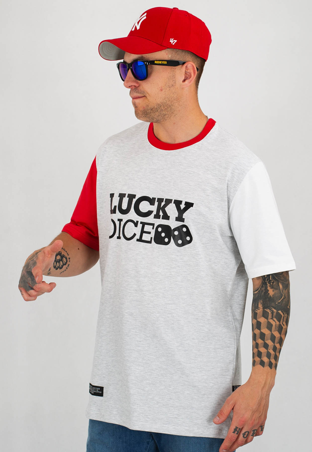 T-shirt Lucky Dice Logo biało szaro czerwony