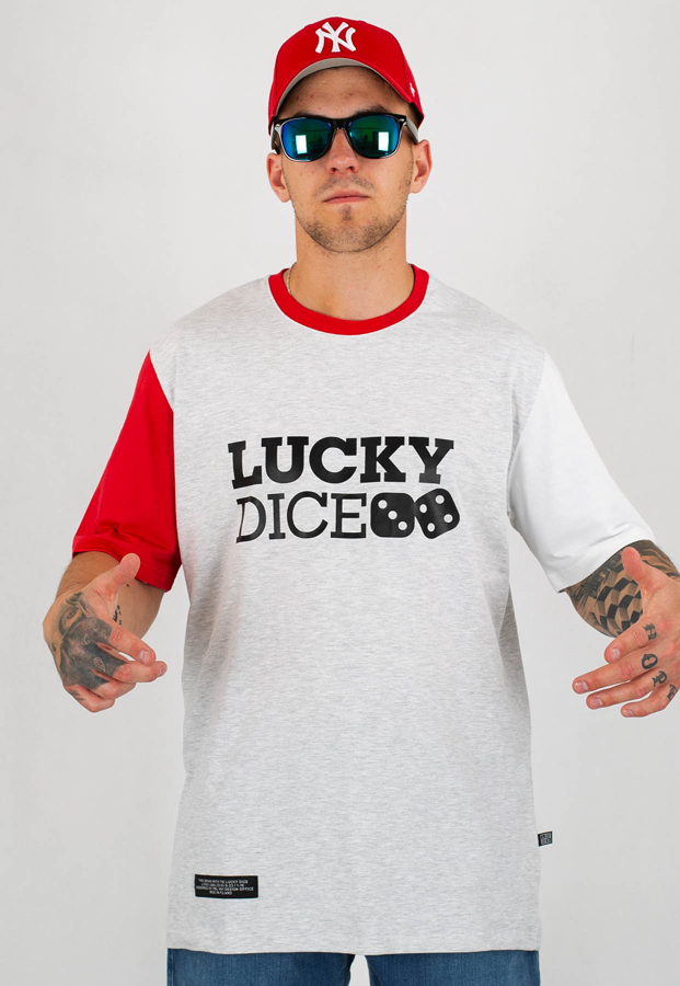 T-shirt Lucky Dice Logo biało szaro czerwony