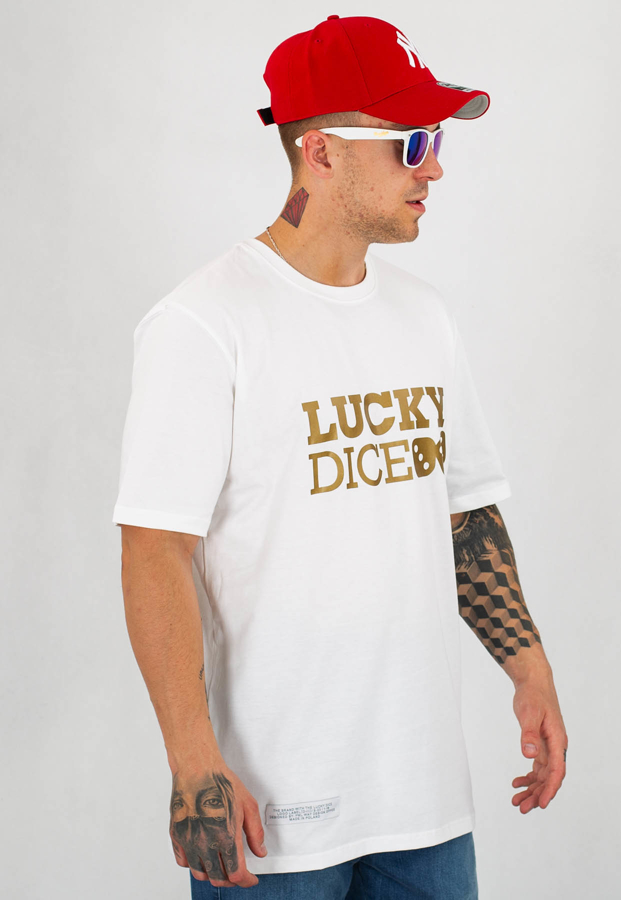 T-shirt Lucky Dice Logo biało złoty