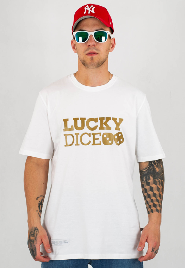 T-shirt Lucky Dice Logo biało złoty