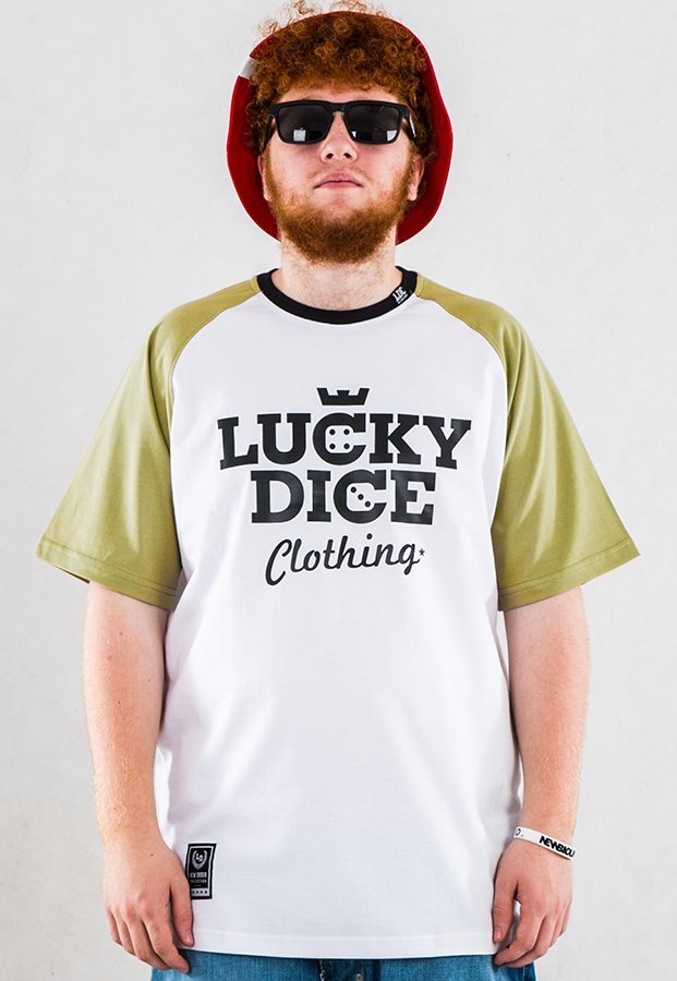T-shirt Lucky Dice Reglan biało oliwkowy