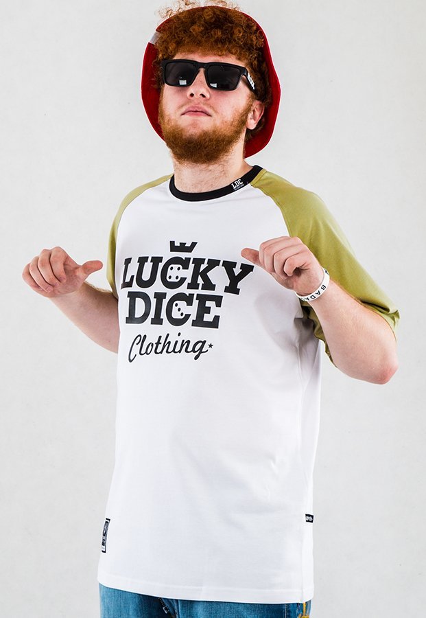 T-shirt Lucky Dice Reglan biało oliwkowy